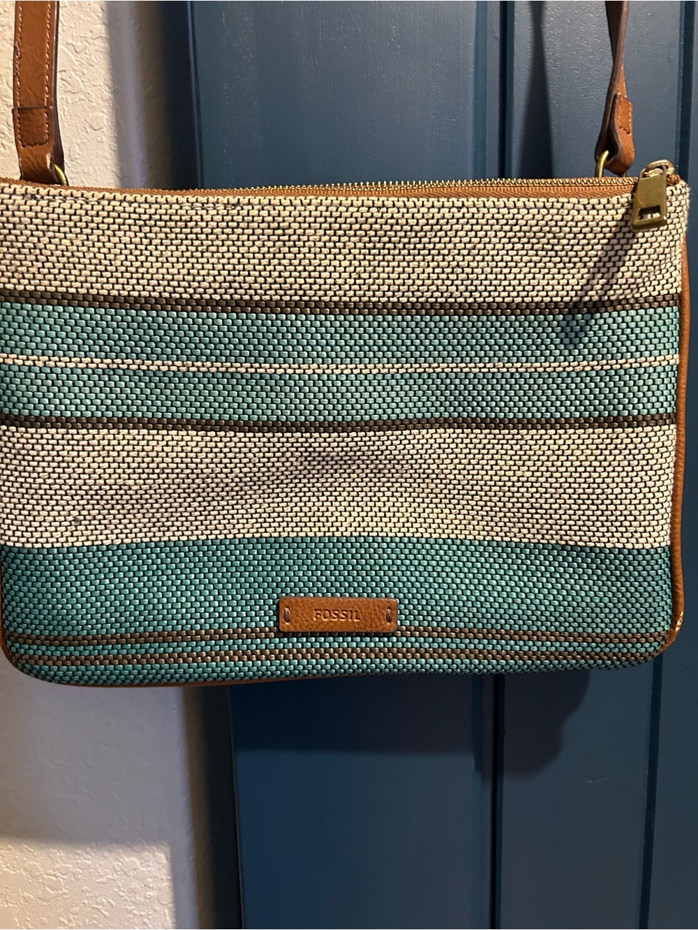 Fossil Teal and Cream Woven Stripe Crossbody with Tan Trim